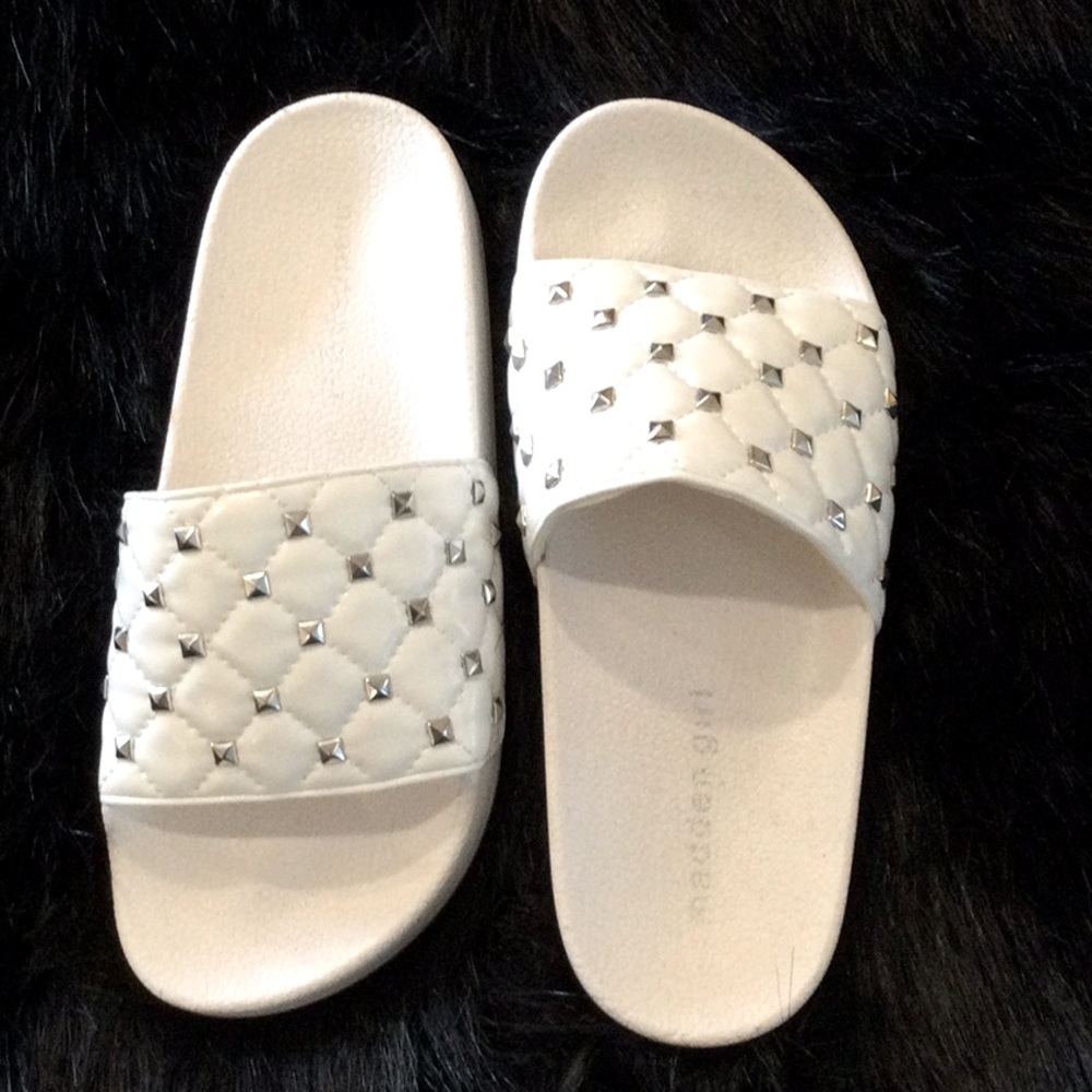 NWOT Madden Girl White Quilted Studded Slides Size 6